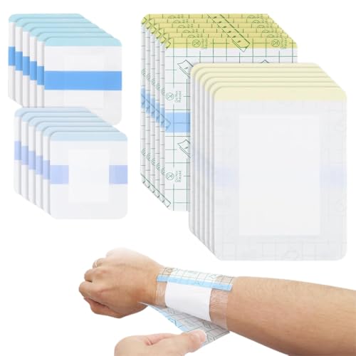 DULZEN 24 Unidades Apositos Adhesivos Aposito Impermeable Transpirable Parches Cicatrizantes PU, Incluye Disco de Algodón Absorbente, Ideal para La Protección de Heridas (6x7cm,9x13cm)