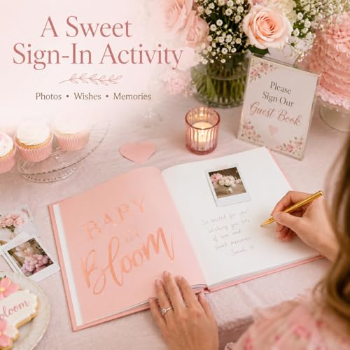 Image of Calculs Baby in Bloom Baby Shower Guest Book, Pink | 8.5-inch square hardcover keepsake book, 32 blank sheets for messages and instant photos, pen included
