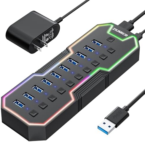 ZIUMIER Powered USB Hub, 10 Ports USB 3.0 Hub with RGB LED Strip ...