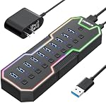 ZIUMIER Alimenté USB Le centre, 10 Ports USB 3.0 Hub avec RGB LED Bande 12V/2A Adaptateur de puissance USB Prolongation individuelle LED Interrupteurs en marche/arrêt pour Mac, PC, Bureau, lecteur flash, mobile HDD