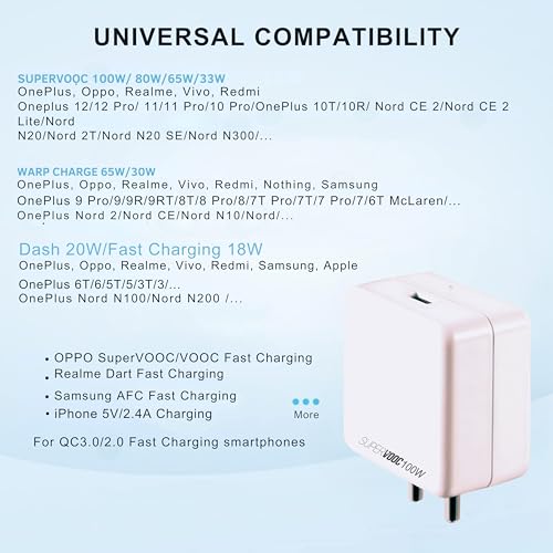 Image of Novobit 100W SUPERVOOC Fast Charger with Type-C Cable | 100w Charger for OnePlus, Oppo, Realme, Honor, Redmi, Xiaomi, Poco, iQOO & All Type-C Phones | Supports Dash, Warp, Vooc, SuperVooc, QC 3.0