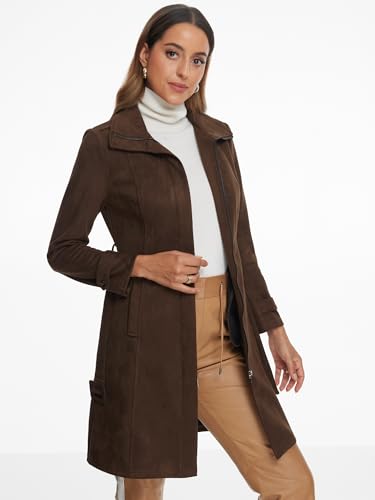 Allegra K Faux Suede Coat for Women's Belted Long Zipper Jacket4