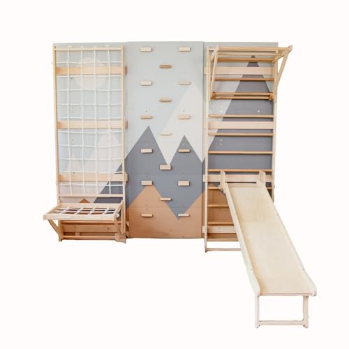 Wood And Hearts Wooden Swedish Wall Set, Indoor Jungle Gym for Kids, Toddlers, & Teens, Climbing Wall, Rope Net, Pull-Up Bar (Base Set+Step-Down Slide+Sit-Up Bar)