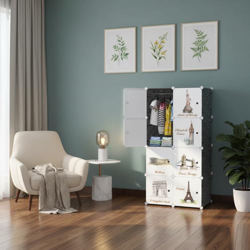 Image of KRISHYAM Kids Modular Storage Cabinet with Travel Landmark Design Doors, 8 Cube Plastic Wardrobe Organizer, DIY Closet System with Hanging Rod, Toy & Clothes Storage (Tower Print, 8 Box)