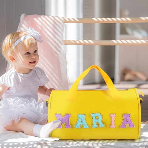 Personalized Dance Ballet Bag for Girls Boys, Kids Cute Travel Duffel Bag, Sport Duffle Bag, Gym Bag, Weekender Overnight Bag Gift with Letter Name Patches (yellow)3