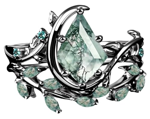 EKJQB Genuine Green Moss Agate Ring Set For Women Moss Agate/Blue Sandstone/Alexandrite Unique Leaf...