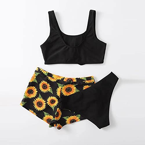 Girl's 3 Piece Cute Swimsuits Sunflower Print Bikini Bathing Suit High Waisted with Cover Cute (Black, 11-12 Years)3