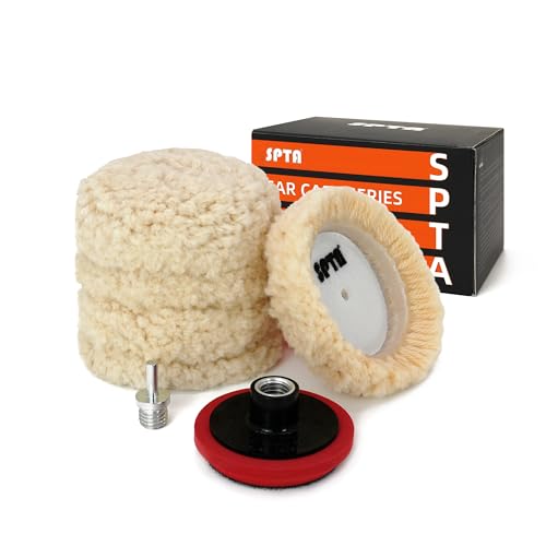 SPTA Wool Polishing Pad, 5Pcs 3"(75mm) 100% Natural Wool Buffing Pad with 1Pc Hook&Loop Backing Pad, 1Pc Extension Shank for Drill Polisher Cutting, Car Body Repair Buffing by SPTA - Used condition - US$23.40