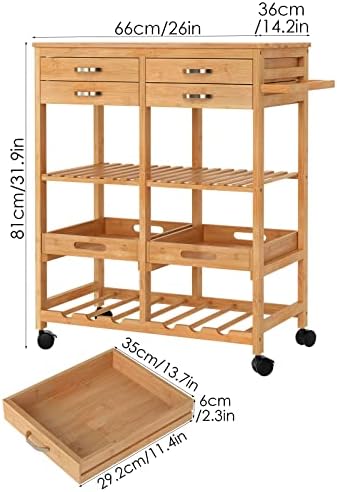 FOREHILL Kitchen Trolley on Wheels Bamboo Kitchen Island Rolling Cart with Workstop and Storage, 4 Drawers, 6 Bottles Wine Rack, 2 Removable Tray 66x36x80.5cm