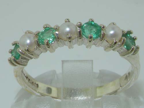 Letsbuygold 10K White Gold Cultured Pearl & Emerald Womans Eternity Band Ring - Size 10 #TOP2