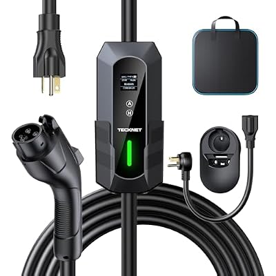 Tecknet Ev شاحن مستوى 1 & 2، 16 A شاحن سيارة كهربائية مع Nema 6-20 التوصيل، Nema 5-15 محول، كابل 25 Ft، J1772 معدات شحن السيارات الكهربائية متوافقة مع جميع نماذج Ev