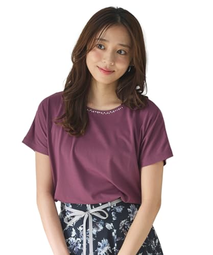 [ハニーズ] トップス カットソー 半袖 UVカット 吸水速乾 オフィス きれいめ フレンチ袖 無地 レーヨン混 レディース ビジュー付トップス 578013962344 ピンクパープル Ｍのサムネイル