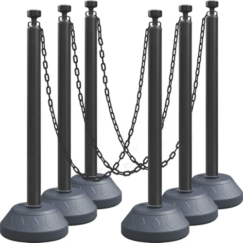 OranLite 6-Set Pack 40" inch Black Work Zone Chain Post Set, Traffic Queue Delineator Post Cones, 6 x 6.6' Feet Plastic Chains, Portable Crowd Control Stanchions Set (Black-Water Filled Base)
