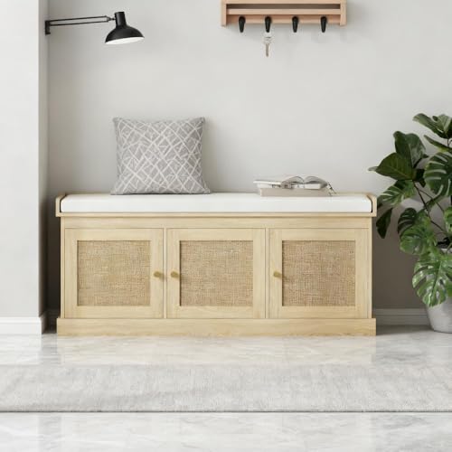 Zapatero, Banco de Almacenamiento para Entrada con Asiento Acolchado, Puertas ratán Tejido, Estilo Bohemio, Capacidad Peso 128 kg (Blanco Crema + Roble)
