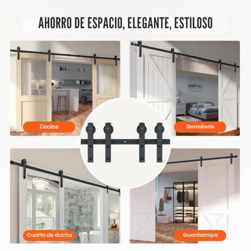 Miniatura 6 de Vevor Kit De Herrajes Para Puertas Corredizas De Granero Riel Para Puerta Corrediza De 244 Cm Para Puertas Dobles Ancho 1,12-1,32 M Espesor 32-45 Mm Carga De 150 Kg Polea Silenciosa Forma I Para Hogar