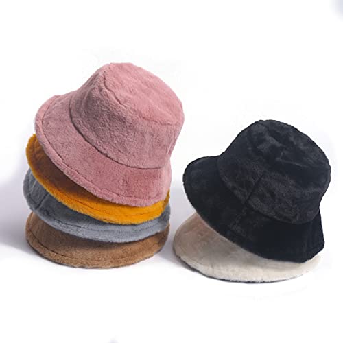 Winter Plush Bucket Hat For Women Solid Color Fuzzy Bucket Caps Casual Warm Faux Fur Fisherman Hats #TOP1