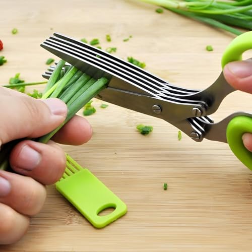 Image of Multipurpose 5-Blade Kitchen Herb Scissors with Stainless Steel Blades & Cleaning Brush Professional Herb Scissors Set - Ideal for Chopping Herbs, Veggies & Paper Slicing