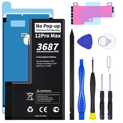 Image of No Pop-up Unknown Part Warning for iPhone 12 Pro Max Diagnostic Battery,Truthfully Rated 3687mAh Capacity Li-Polymer Rechargeable Battery Replacement for iPhone 12 Pro Max with Full Tool Kit