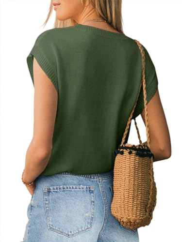 Image of Langwyqu Womens Cap Sleeve Tops Summer Crew Neck Shirt Lightweight Crochet Knit Sweater