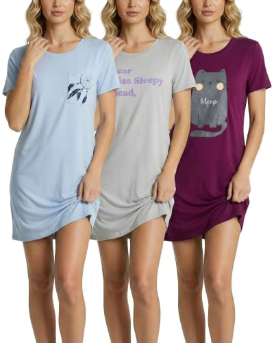 Image of Real Essentials 3 Pack: Women's Short Sleeve Nightgown Dress - Nightshirt Pajama Sleep Shirt Sleepwear (Available in Plus)