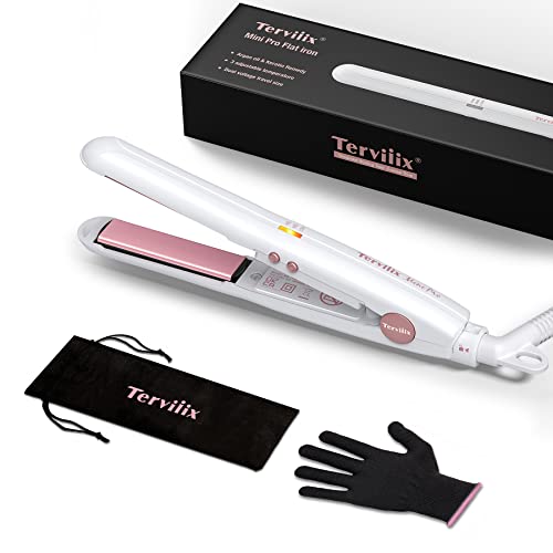 Terviiix Mini Hair Straighteners for Short Hair with Adjustable Temperature, Dual Voltage Tourmaline Ceramic Portable Travel Mini Straightener,1/2 Inch Small Flat Iron with Pouch, Auto Shut Off,White