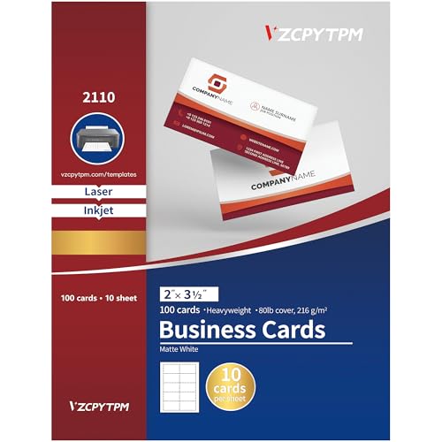 VZCPYTPM Matte Printable Business Cards 2' x 3.5',100 Blank Business Card,Personalized Business Cards Paper for Inkjet & Laser Printer,with Logo,DIY Design Name Tag Card(210g/㎡)
