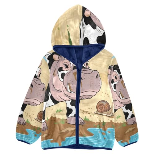 Cow Hippo with Snail Toddler Fleece Jacket Girl Boys Hooded Fleece Jacket Coat Warm Outwear Zip-up 3-10T