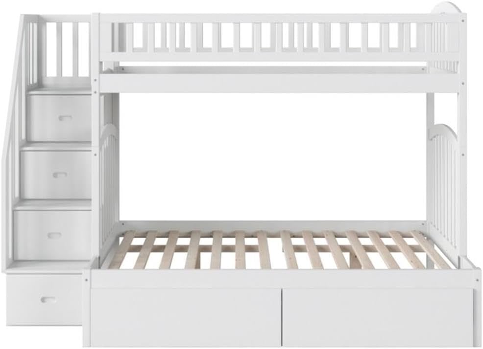 Pemberly Row Traditional Wood Staircase Storage Bunk Bed, Twin Over Full, White Satin Finish, 6 Drawers, 3 Shelves, Eco-Friendly Hardwood, Durable Design, Space-Saving Bedroom Furniture