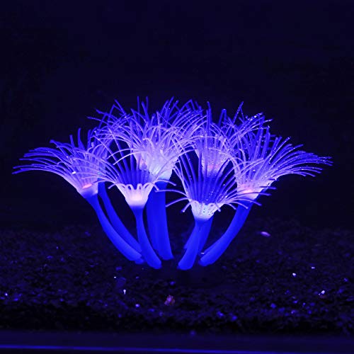 Bluecoco Artificial Flowers Soft Silica Gel Moves Naturally with Water Flow, Aquarium Decorations Glow in The Dark, Glowing Coral Ornaments for Fish Tank Decorations (Blue, Sunflower)
