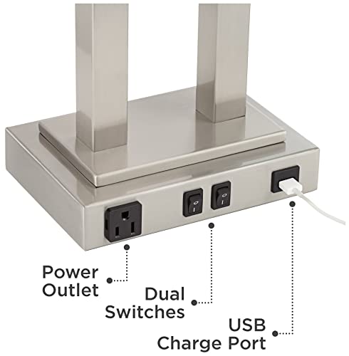 Possini Euro Design Amity Modern Table Lamp 26" High With Usb And Ac Power Outlet In Base Brushed Nickel White Linen Hardback Shade For Bedroom Living Room House Home Desk Bedside Nightstand Office #TOP4