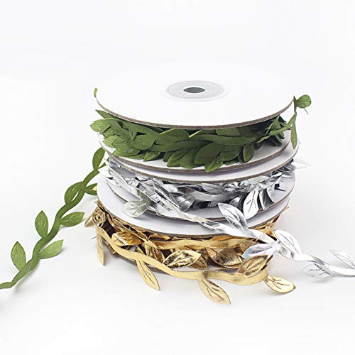 Tihood 3 Rolls 10 Yards Leaf Ribbons, Olive Green, Gold Leaf Ribbon, Silver, Green Leaf Ribbon Trim Spool, Wreath Making Gift Wrapping Wedding Decoration #TOP1
