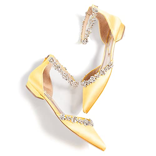 FOWT Elegant Satin Crystal Strap Back Zipper D'Orsay White Flats for Women Casual Closed Pointed Toe Shallow Dress Formal Shoes for Girls, US Size 4-16 M4