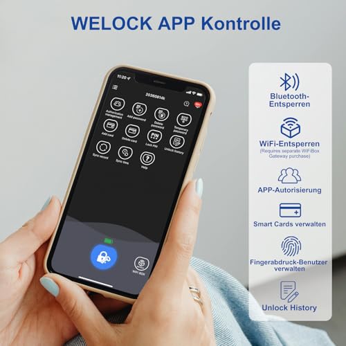 WELOCK TOUCH74 Elektronisches Türschloss Fingerabdruck mit RFID Karte,APP und WiFi(Benötige wifibox),Fingerprint Schloss Haustür IP65,Schließzylinder für Türen von 65-85mm,Smart Lock,Schwarz