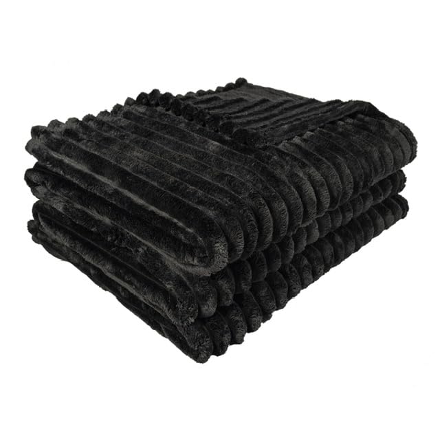 oceanevo Ribbed Cord Chunky Throw Fluffy Fleece Faux Fur Velvet Toch Plush Cozy Soft Blanket For Sofa Bed Settee Couch Chair (Black, King- 200 X 240cm)