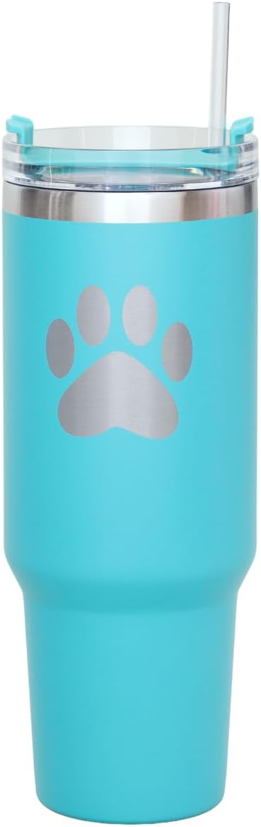 GreaterGood Paw Print Vacuum Insulated Stainless Steel 40oz Tumbler Handle Lid Straw Colorful Animal Print Travel Mug for Hot Cold Drinks