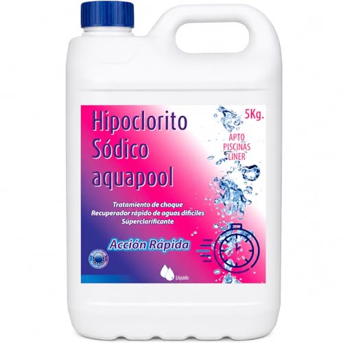Cloro Choque Líquido Clarificante HIPOCLORITO SÓDICO al 15% AQUAPOOL 6 KG 5 litros - Cloro Acción rápida - Súperclarificante - Recuperador Aguas difíciles - Apto Liner