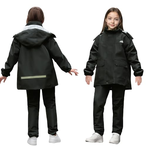 Baogaier Kinder Regenjacke und Regenhose Set, Unisex Jungen Mädchen Leicht Ungefüttert Regenanzug, Wasserdicht Regenmantel & Matschhose Anzug mit Tragetasche, 13-14 Jahre, Schwarz