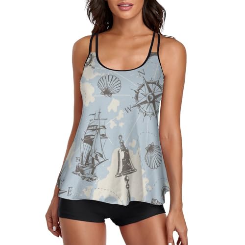 Robe de Plage Boussole à Voile Maillot de Bain Tankini avec Short de Garçon Fluide