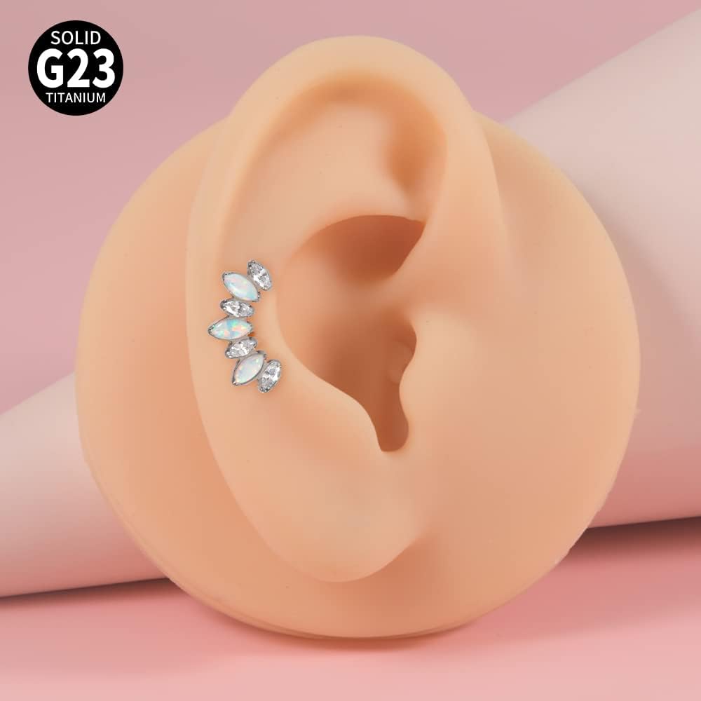 PAIR 100% ASTM F136 Titanium 7 Marquis Zircon Labret Lip Ring Internal Thread Artificial Opal Ear Cartilage Tragus Helix Daith Piercing Jewelry