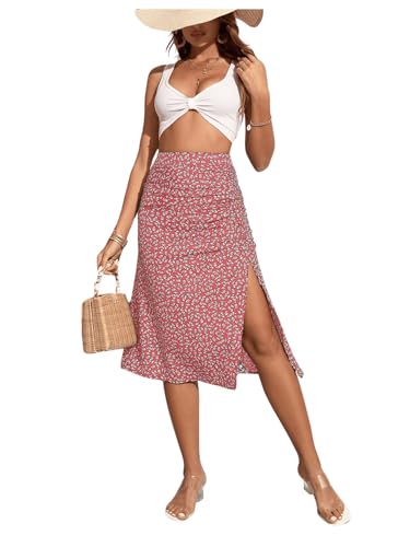 OYOANGLE Women's Boho Floral Print High Waisted A Line Split Thigh Summer Midi Skirt4