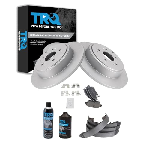 Image of TRQ Rear Brake Pad & Rotor Kit, with Chemical Kit Parking Brake Shoe Set Ceramic Premium G-Coated Compatible with 2006-2014 Honda Ridgeline