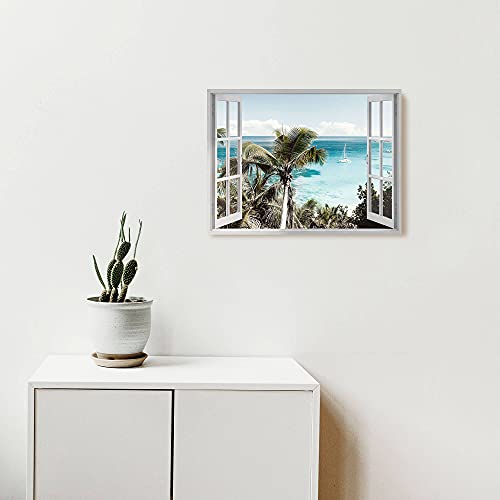 Beach Window Canvas Wall Art: Ocean Seaside Picture Tropical Palm Tree Artwork Print On Coastal Seascape Painting For Bedroom Decor (12X16) #TOP1