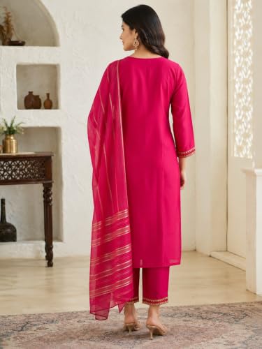 Image of NAZARIA Women's Pink Silk Blend Embroidered Straight Kurta Pant with Dupatta Set | V Neck Ethnic Kurta Set | 3 /4 Sleeves | Festive, Wedding, | Traditional Indian Ethnic Suit Set