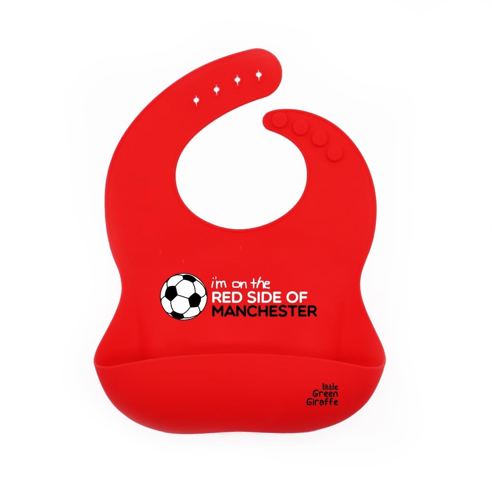 Little Green Giraffe Man United Baby Gift - 'I'm on the Red side of Manchester' Manchester United Silicone Baby Bib - 100% Silicone