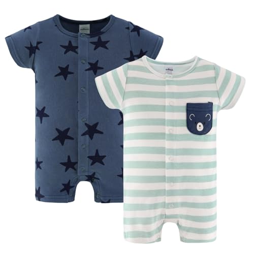 Image of The Peanutshell Baby Boy Rompers 2 Pack - 100% Cotton Clothes, Rompers for Newborn, Infant, and Baby Boy - Blue Stars