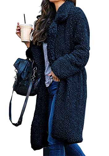 YMING Cardigan Da Donna In Finta Pelliccia Teddy Fleece Cardigan Casual Aperto Sul Davanti Senza Bottoni Cardigan Con Risvolto Blu Navy M