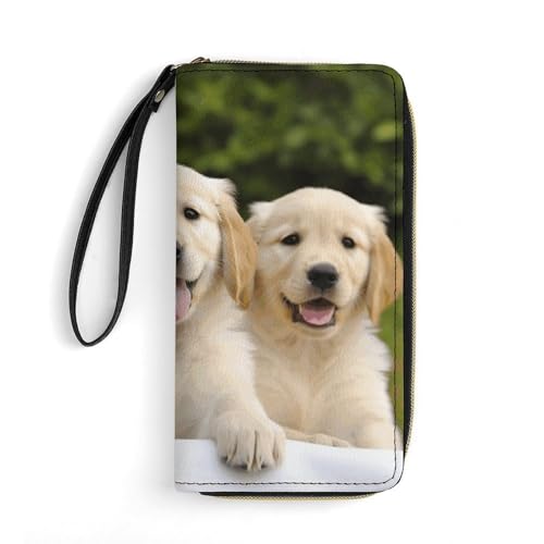 Golden Retriever Puppies Leather Wallet Smooth Zip Around Clutch Wristlet Travel Long Soft Purse for Women