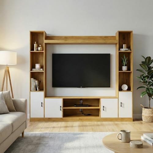 Image of Raywud Elavora Engineering Wood TV Entertainment Unit Set | TV Cabinet with Shelves for Books & Decor Display Unit for Living Room | Ideal for TV Unit Upto 55 inch |DIY Assembly (Gold Oak & White)