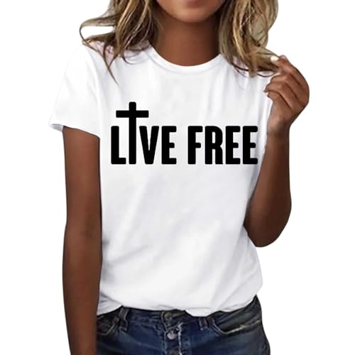 Camiseta para mujer 'Live Free' con símbolo de cruz, camiseta cristiana con mensaje inspirador, camiseta minimalista con declaración de fe, Style_r10 Blanco, XXL
