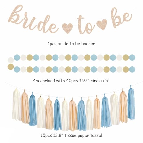Image of Light-Dusty Blue Beige-Champagne Bridal-Shower Party-Decorations - 31pcs Bride to Be Banner,Boho Neutral Bachelorette Paper Lanterns,Wedding Garland,Tissue Pom Poms Flower Fan Decor Supplies Burgleda